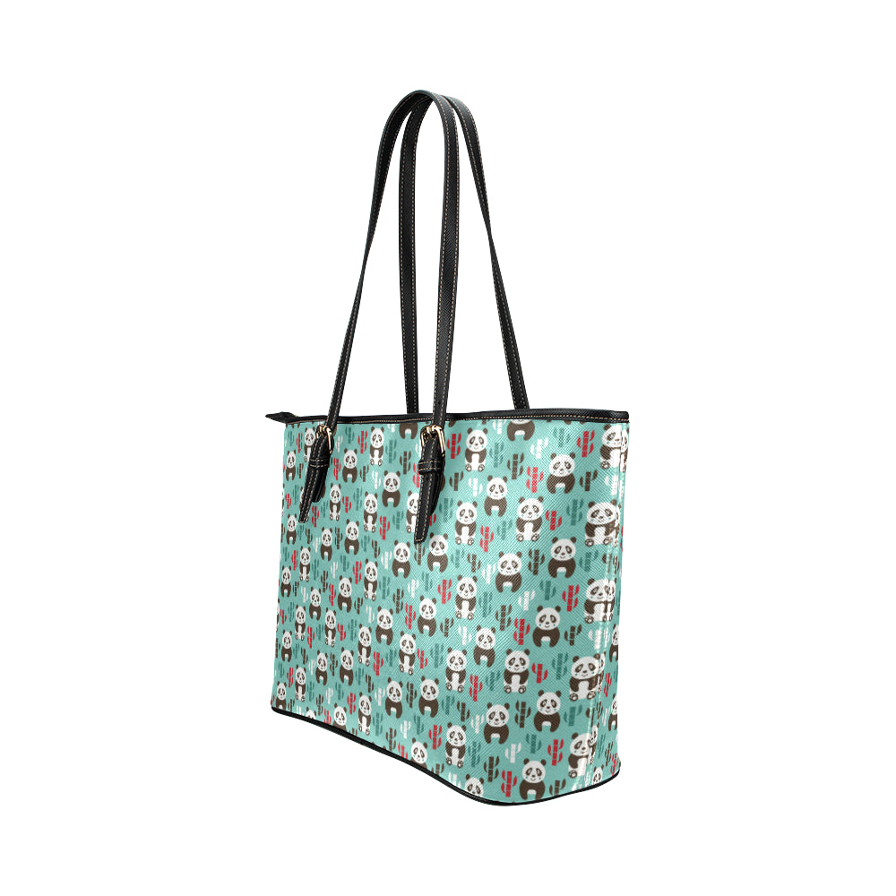 Panda Bear Cute Themed Print Leather Tote Bag