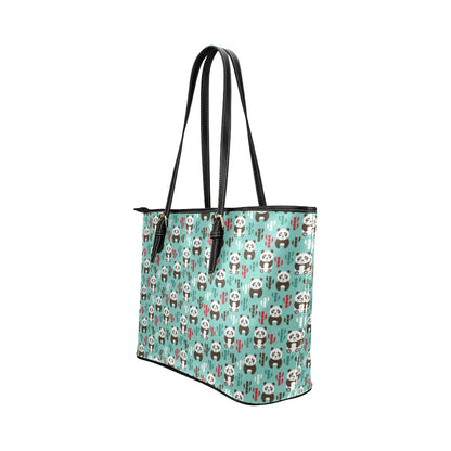 Panda Bear Cute Themed Print Leather Tote Bag