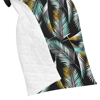 Gold Glitter Cyan Tropical Palm Leaves Premium Quilt