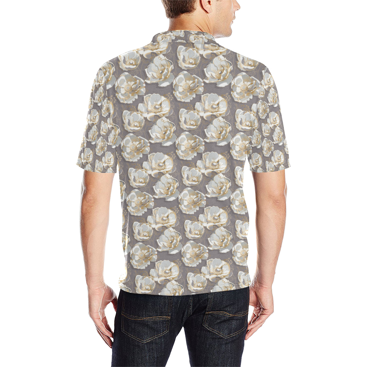 Elegant Grey Flower Print Men Polo Shirt