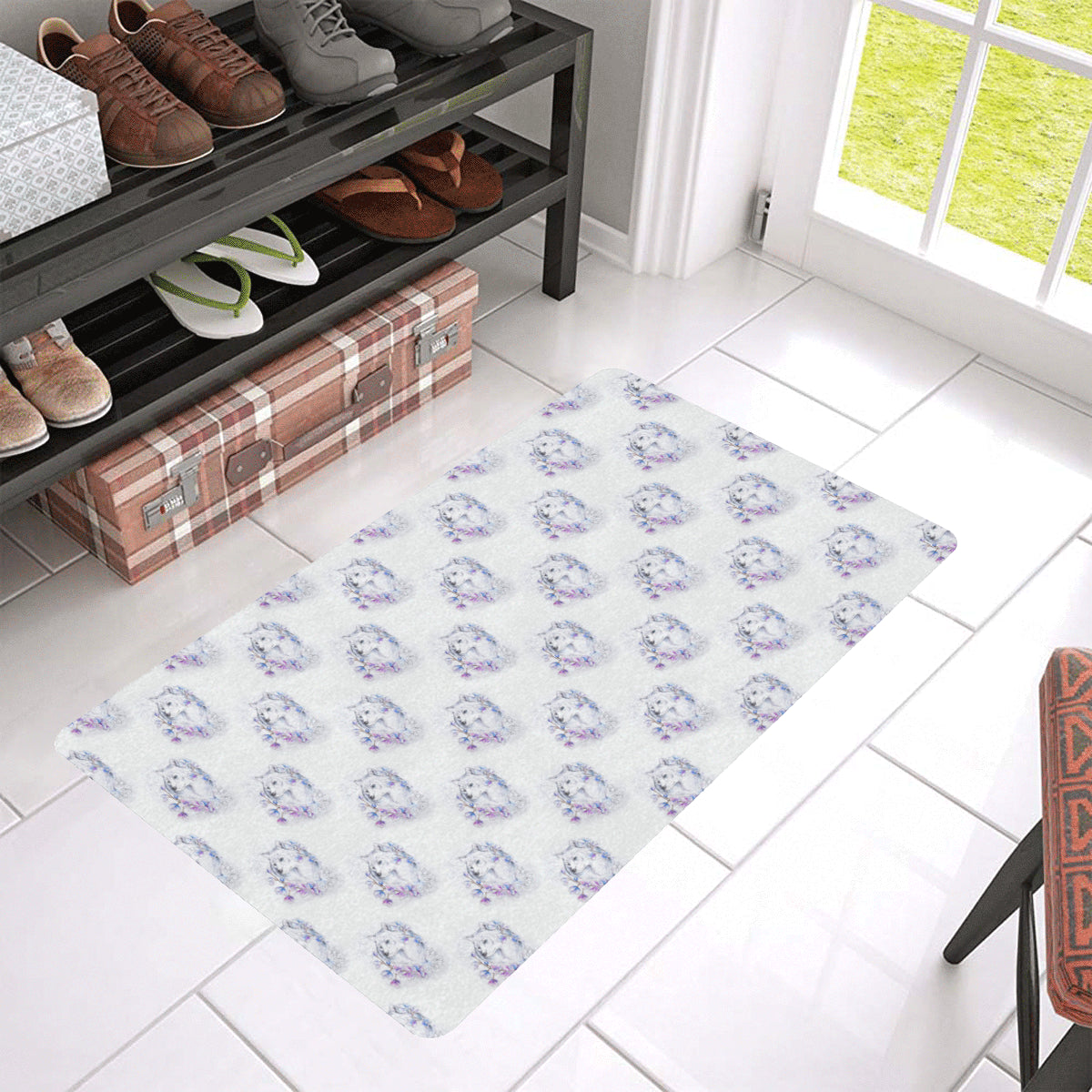 Wolf with Flower Print Design Rubber Doormat