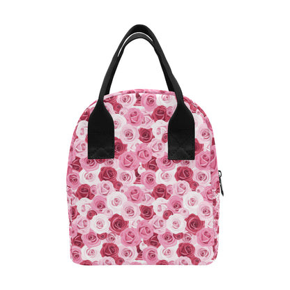 Pink Red Rose Pattern Print Insulated Lunch Bag