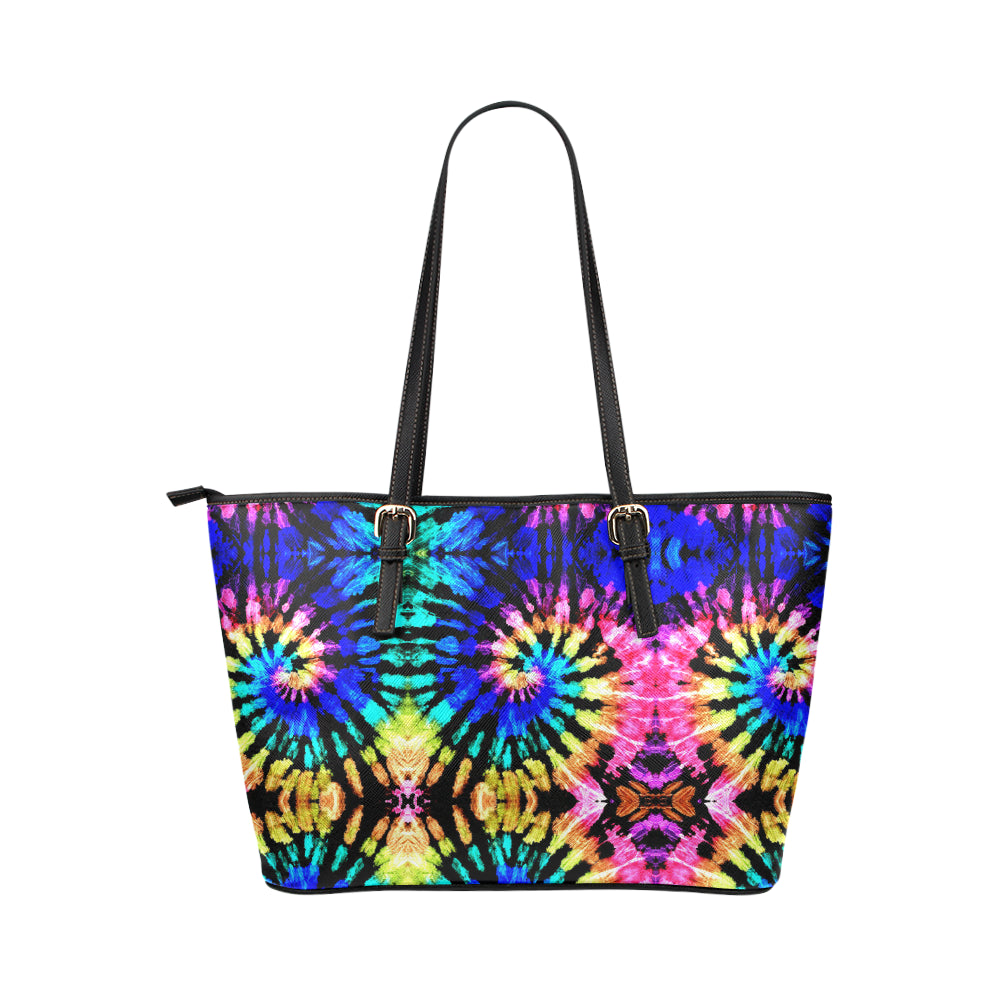 Tie Dye Rainbow Design Print Leather Tote Bag
