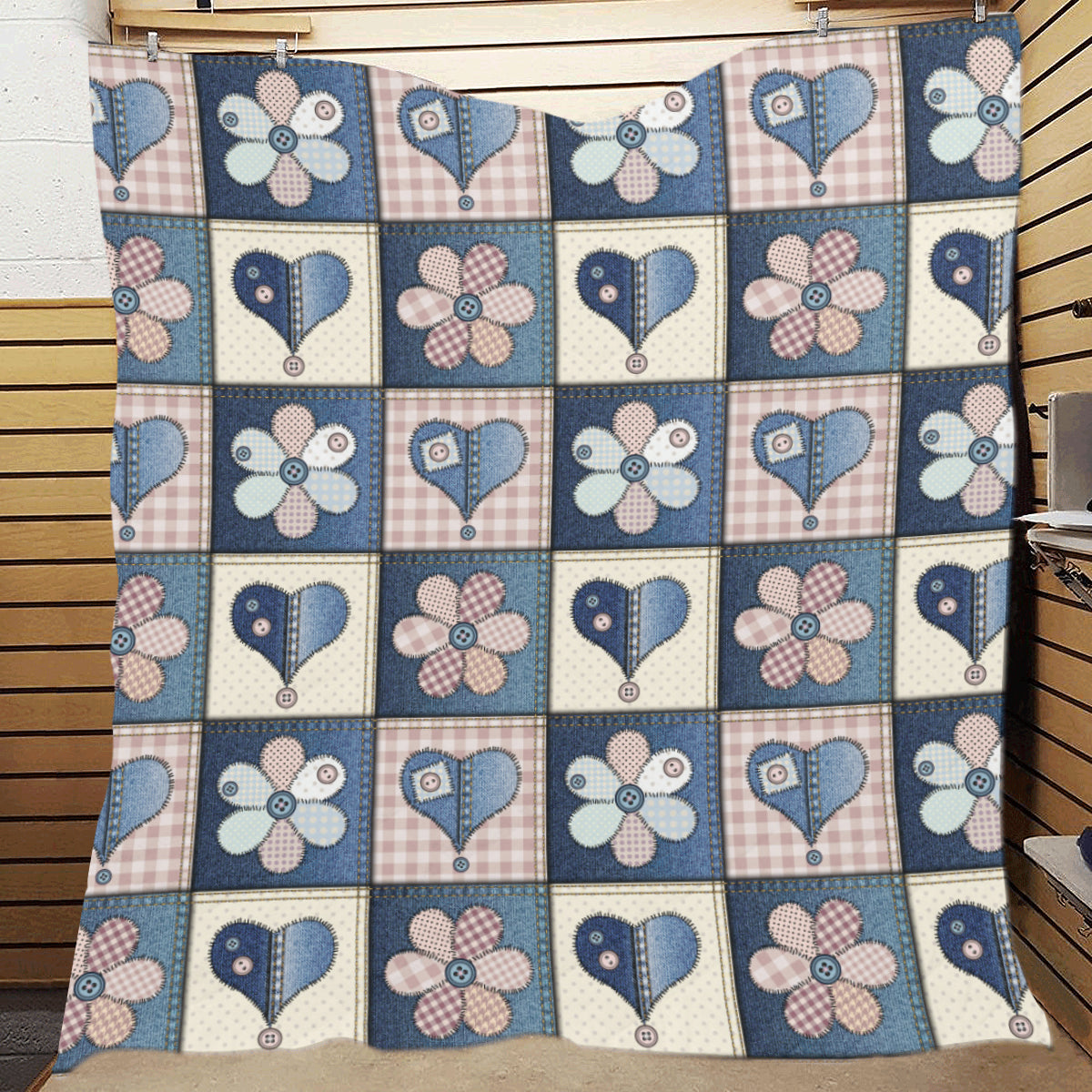 Patchwork Heart Flower Pattern Print Design 01 Premium Quilt