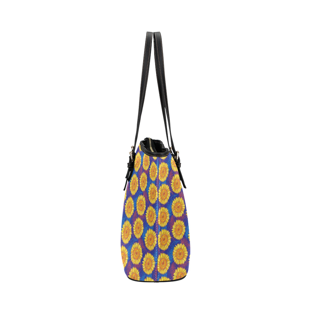 Sunflower Hand Drawn Style Print Leather Tote Bag