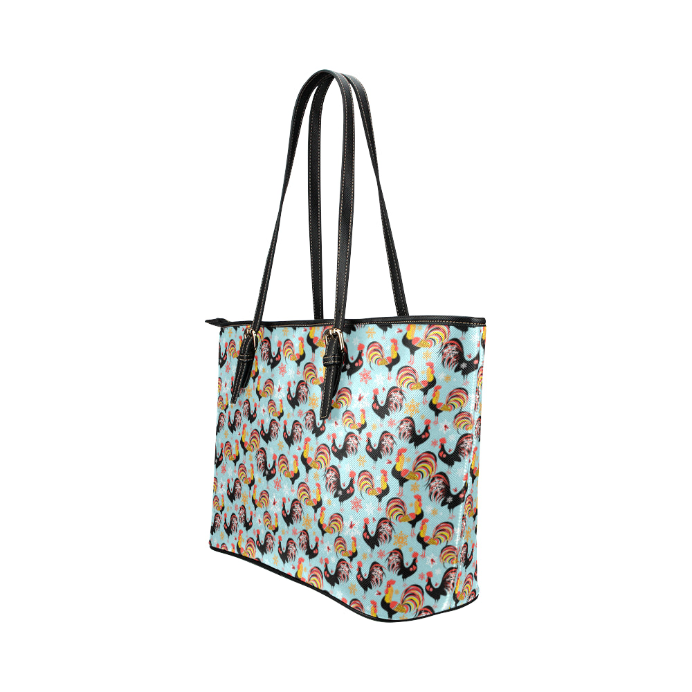 Rooster Themed Design Leather Tote Bag