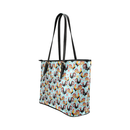 Rooster Themed Design Leather Tote Bag