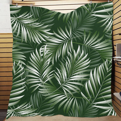 White Green Tropical Palm Leaves Premium Quilt