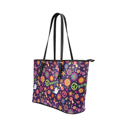 Flower Power Peace Design Print Leather Tote Bag