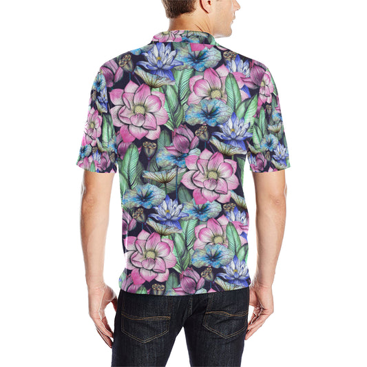 Water Lily Pattern Print Design WL07 Men Polo Shirt