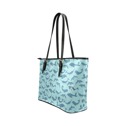 Narwhal Themed Print Leather Tote Bag