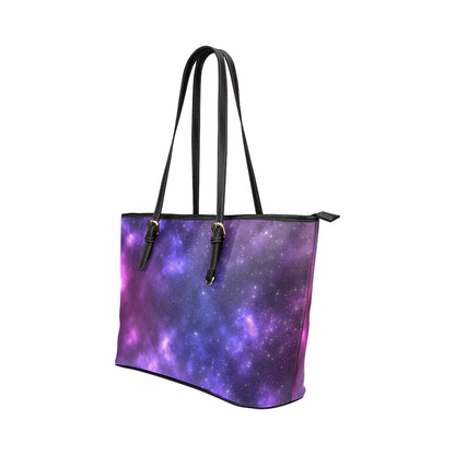 Celestial Purple Blue Galaxy Leather Tote Bag