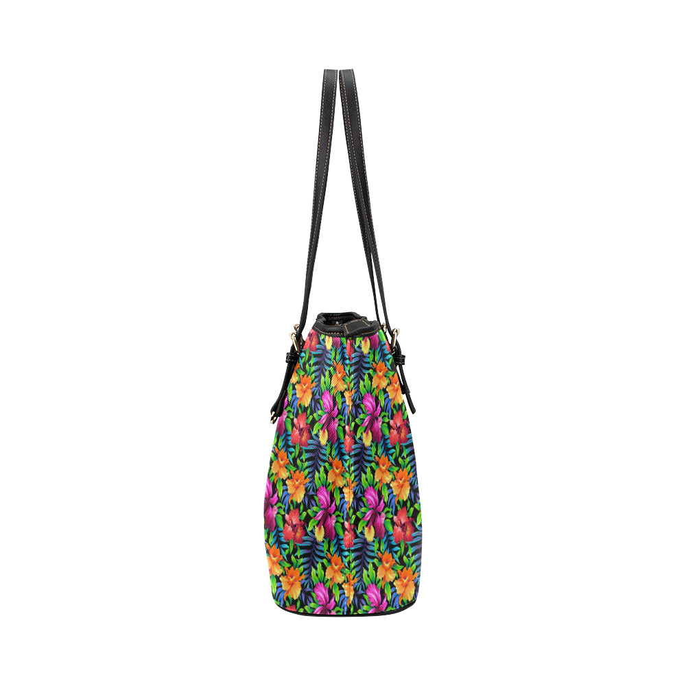 Tropical Folower Colorful Print Leather Tote Bag