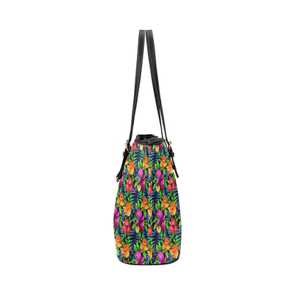 Tropical Folower Colorful Print Leather Tote Bag