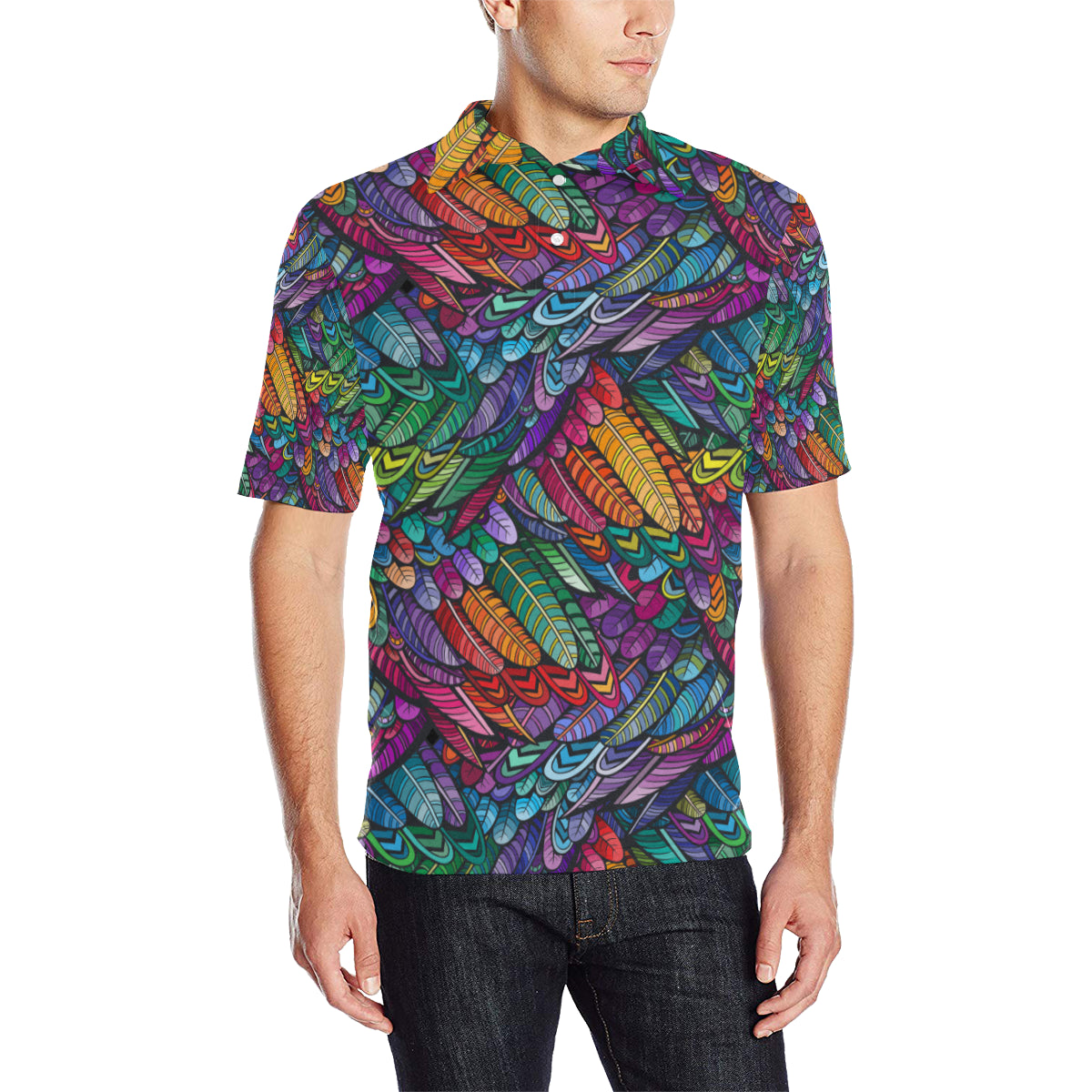 Feather Multicolor Design Print Men Polo Shirt