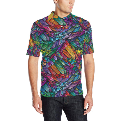Feather Multicolor Design Print Men Polo Shirt