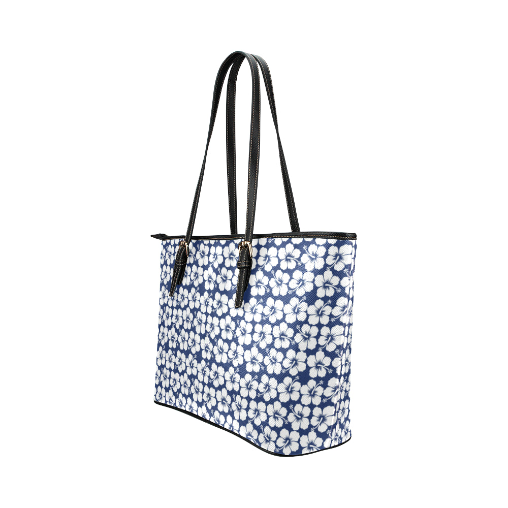 Hibiscus Blue Hawaiian Flower Pattern Leather Tote Bag