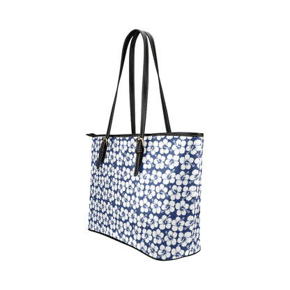 Hibiscus Blue Hawaiian Flower Pattern Leather Tote Bag
