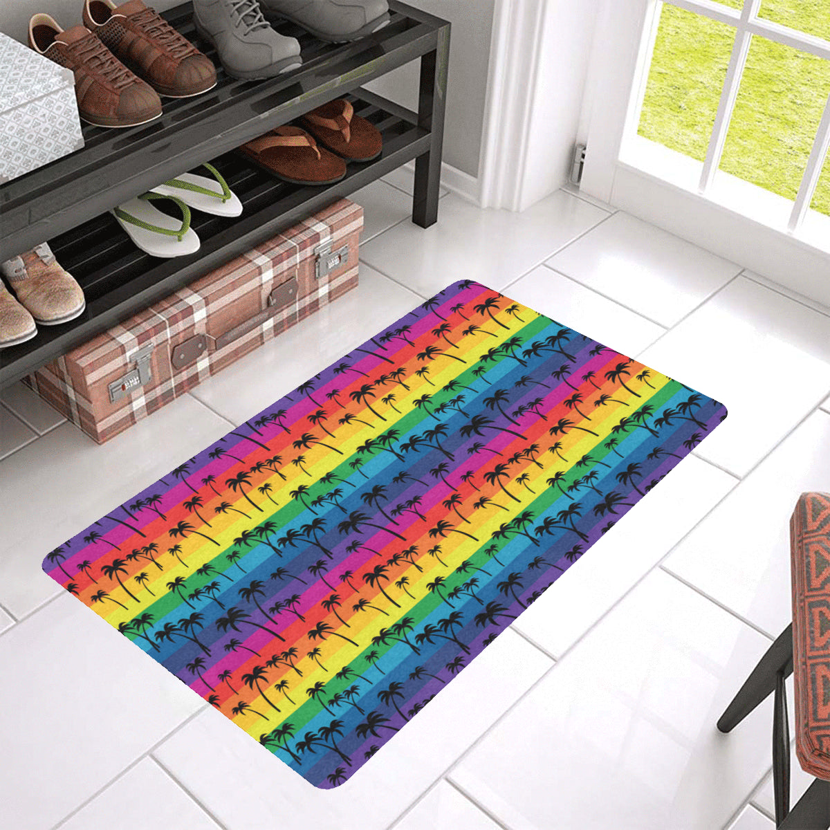 Palm Tree Rainbow Themed Print Rubber Doormat