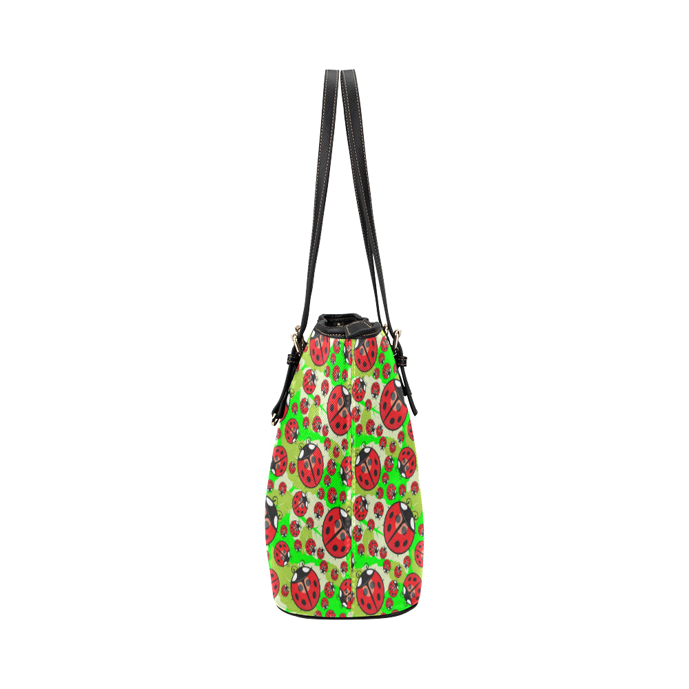 Ladybug with Leaf Print Pattern Leather Tote Bag
