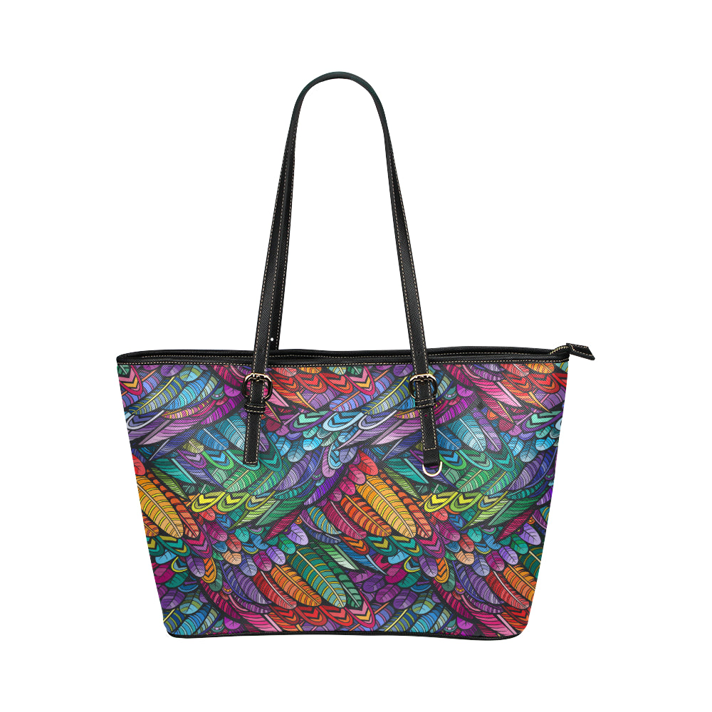 Feather Multicolor Design Print Leather Tote Bag