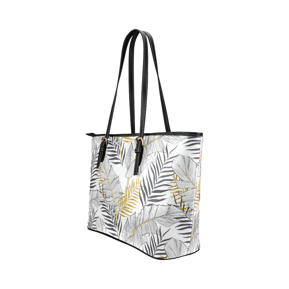 Gold Glitter Tropical Palm Leaves Leather Tote Bag