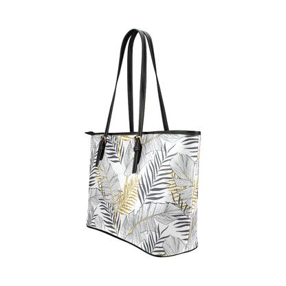 Gold Glitter Tropical Palm Leaves Leather Tote Bag