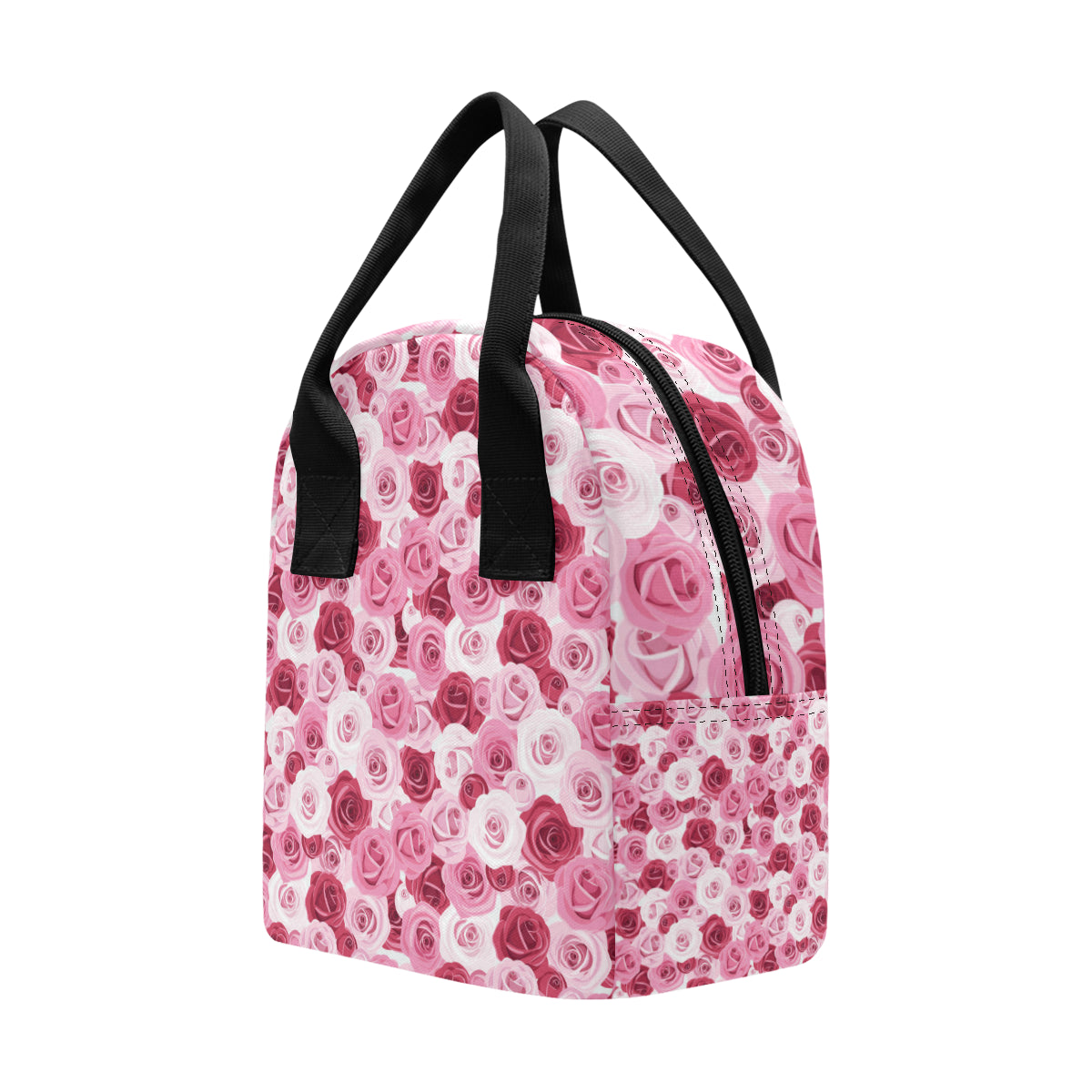 Pink Red Rose Pattern Print Insulated Lunch Bag