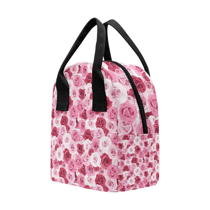 Pink Red Rose Pattern Print Insulated Lunch Bag