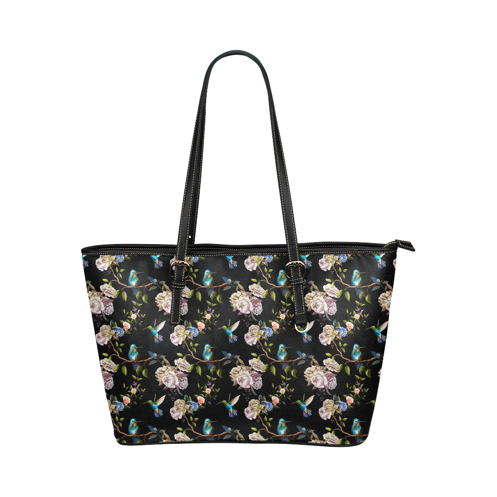 Hummingbird Flower Themed Print Leather Tote Bag