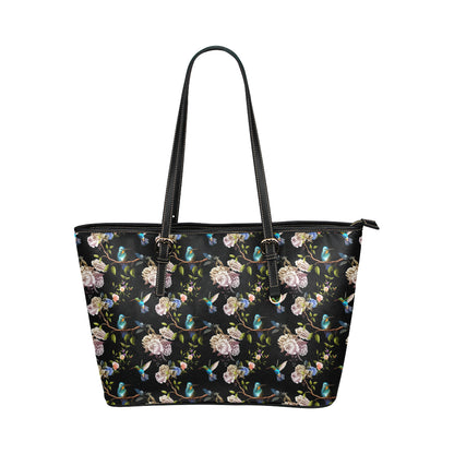 Hummingbird Flower Themed Print Leather Tote Bag