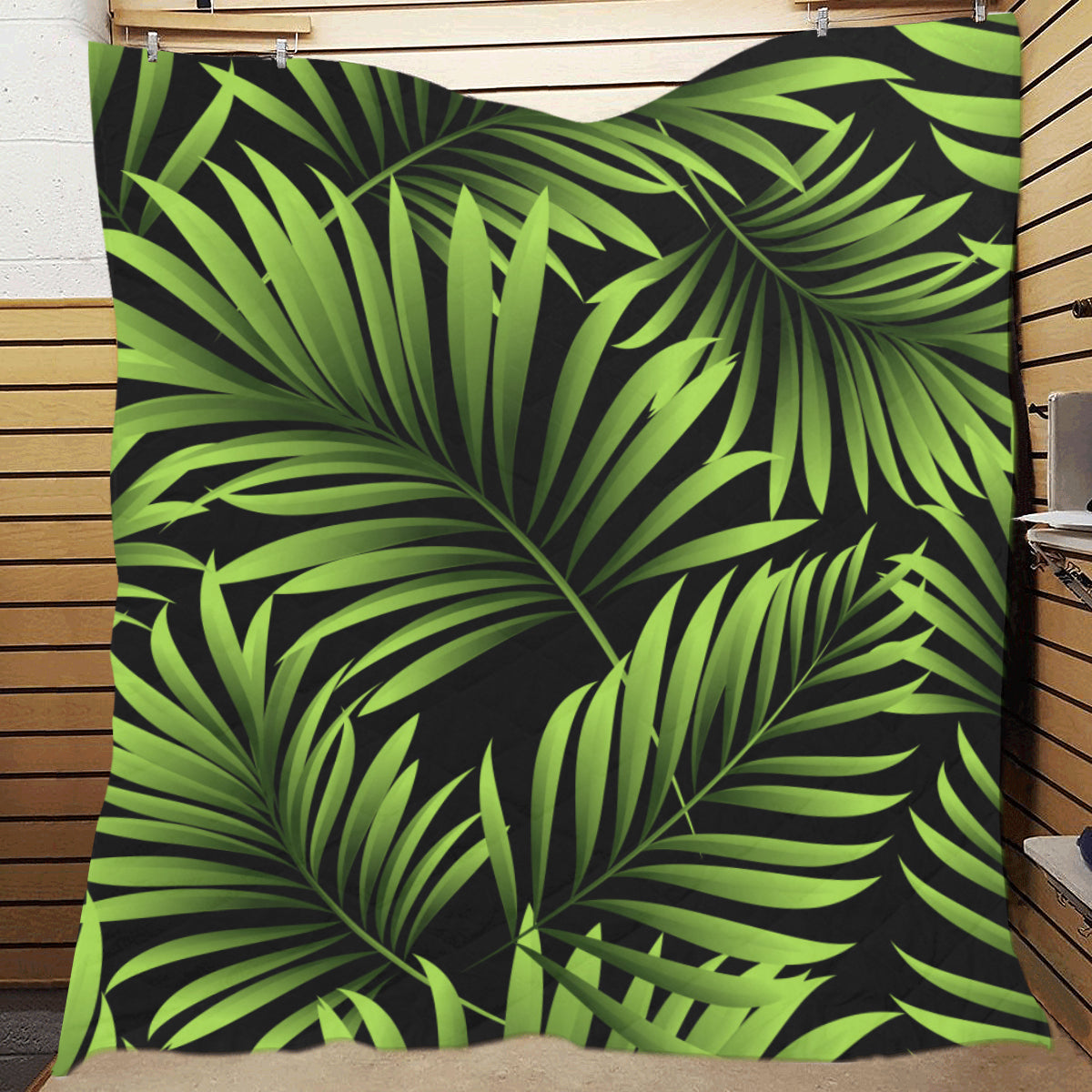Green Neon Tropical Palm Leaves Premium Quilt