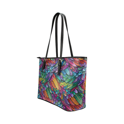Feather Multicolor Design Print Leather Tote Bag