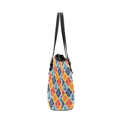 Nautical Pattern Design Themed Print Leather Tote Bag