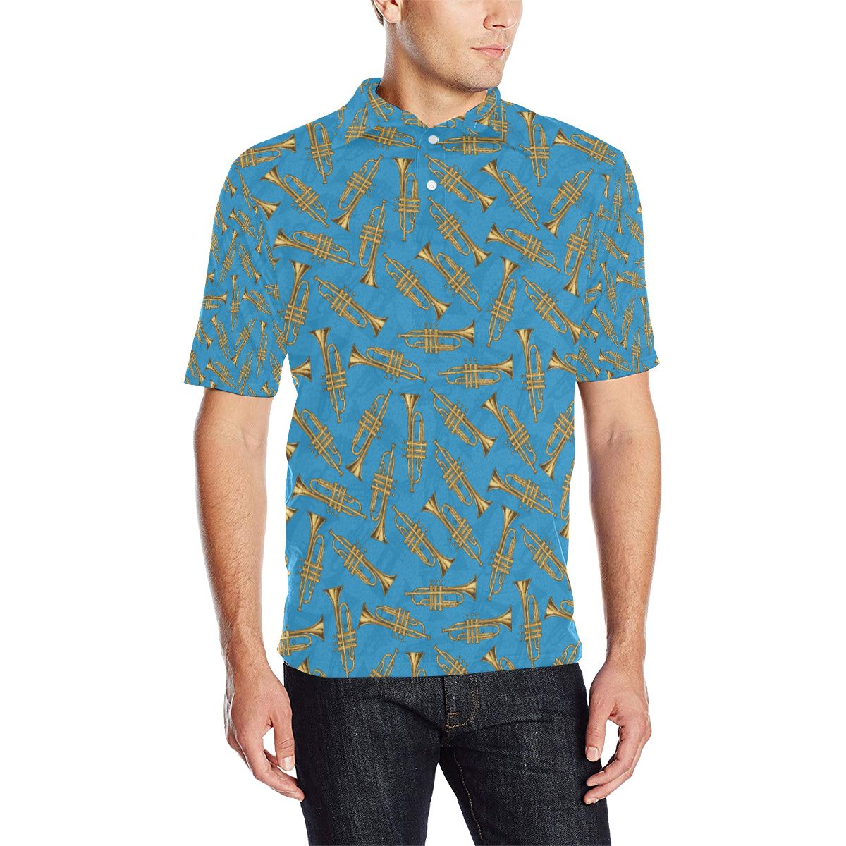 Trumpet Golden Pattern Themed Print Men Polo Shirt