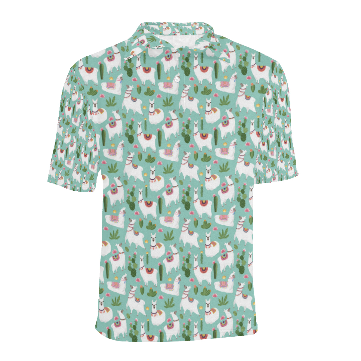 Llama with Cactus Themed Print Men Polo Shirt