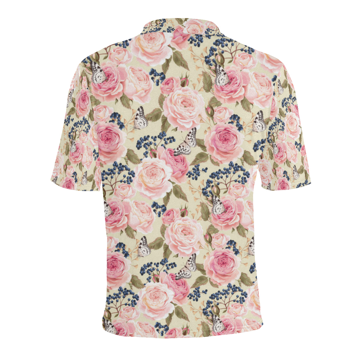 Floral Pink Butterfly Print Men Polo Shirt