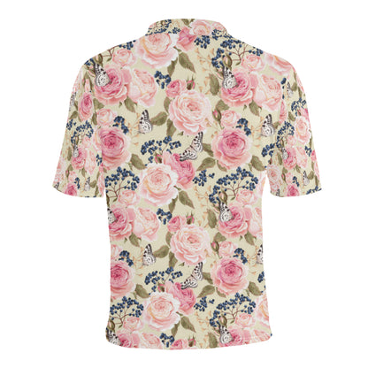 Floral Pink Butterfly Print Men Polo Shirt