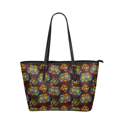 Tattoo Tiger Colorful Design Leather Tote Bag