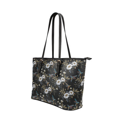 Hummingbird with Embroidery Themed Print Leather Tote Bag