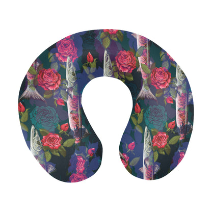 Barracuda with Folwer Pattern Print Design 01 U-Shaped Travel Neck Pillow