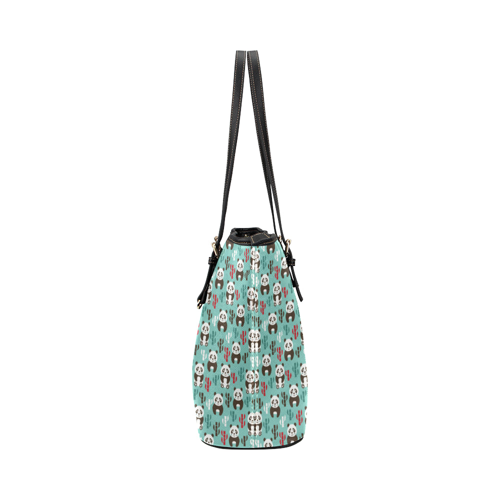 Panda Bear Cute Themed Print Leather Tote Bag