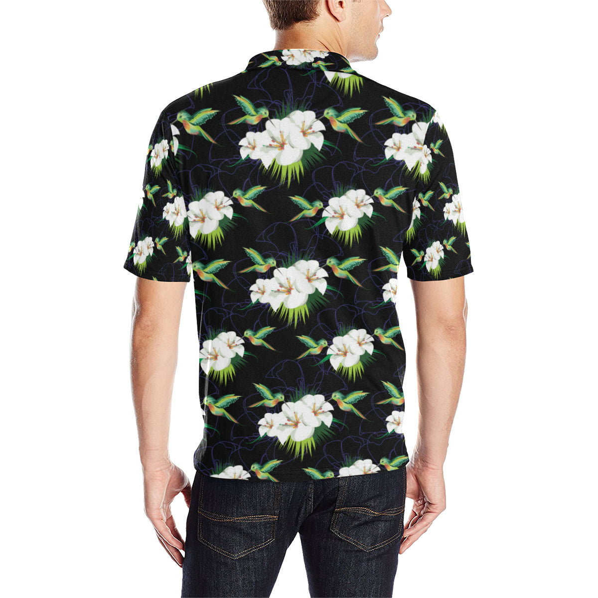 Hummingbird with Flower Pattern Print Design 03 Men Polo Shirt