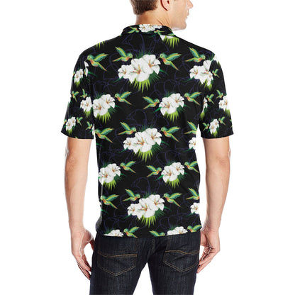 Hummingbird with Flower Pattern Print Design 03 Men Polo Shirt