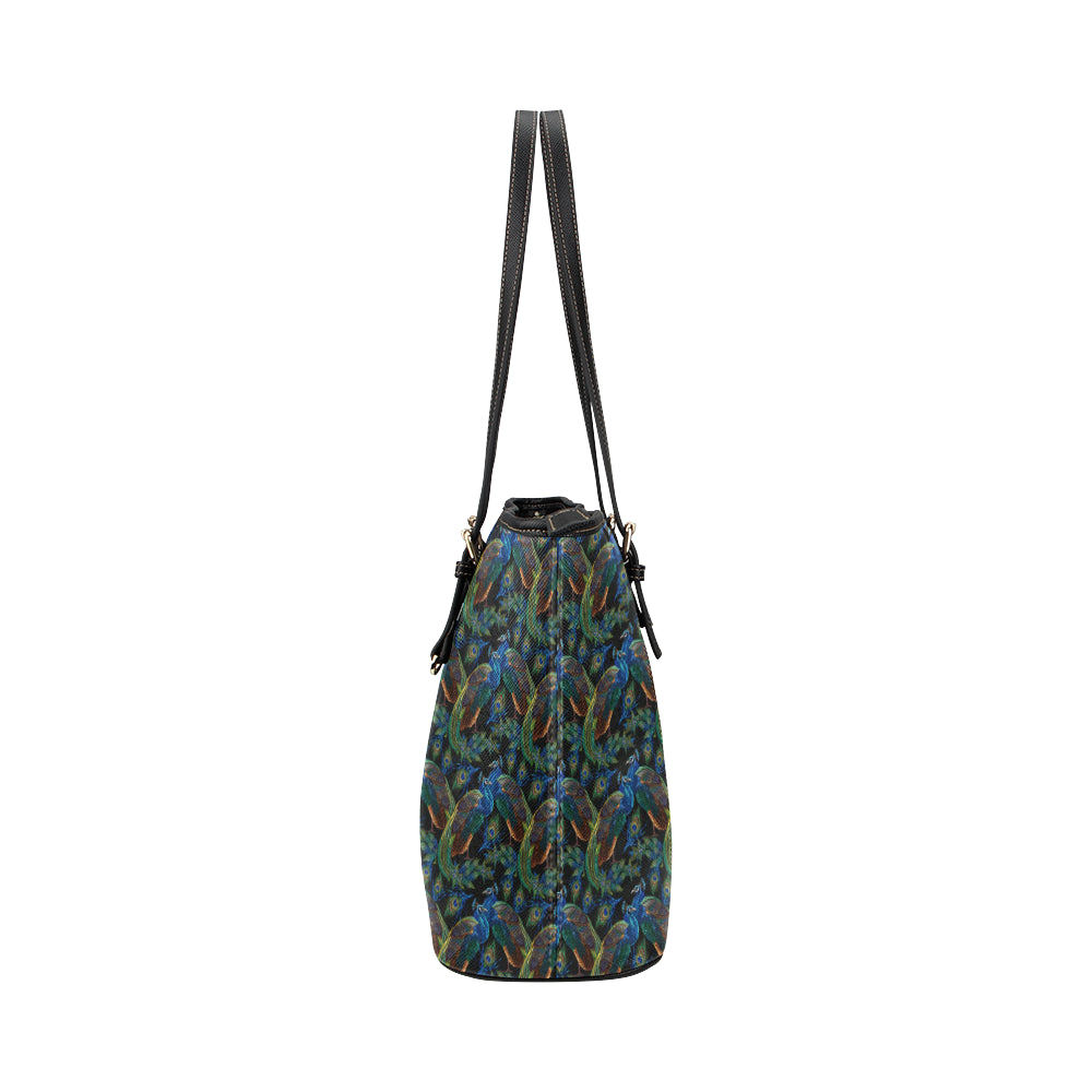Peacock Themed Design Print Leather Tote Bag