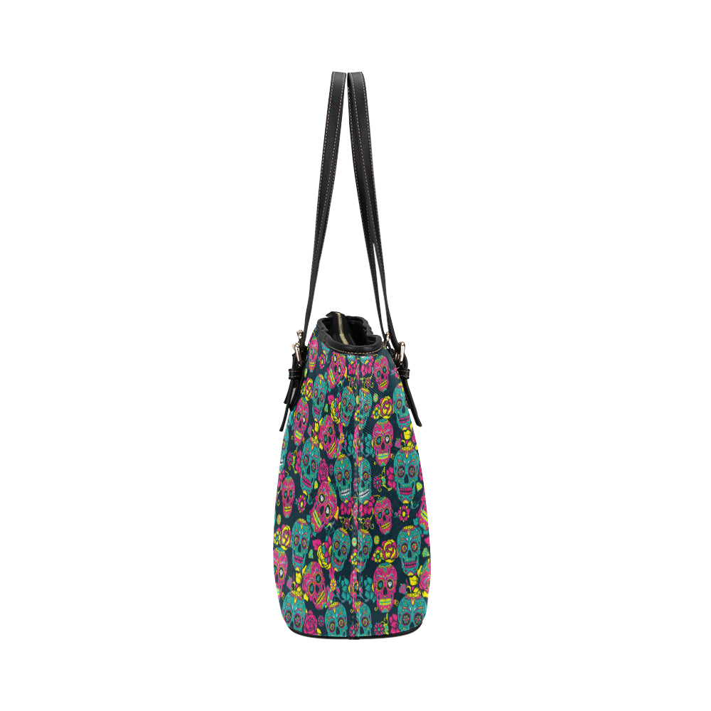 Sugar Skull Floral Design Themed Print Leather Tote Bag