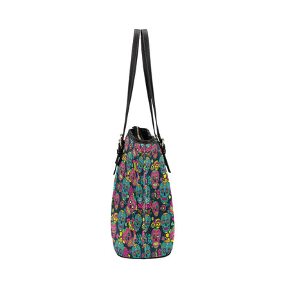 Sugar Skull Floral Design Themed Print Leather Tote Bag
