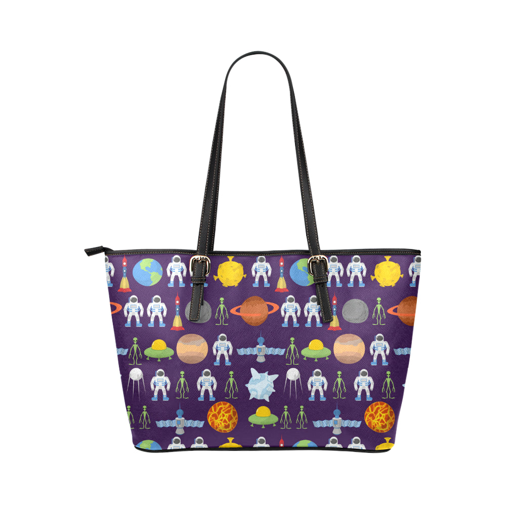 Alien Astronaut Planet Leather Tote Bag