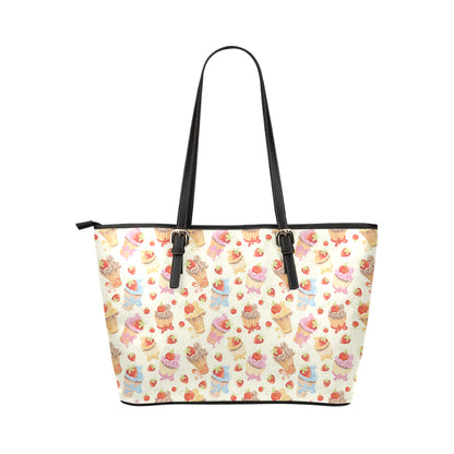 Cupcakes Strawberry Cherry Print Leather Tote Bag