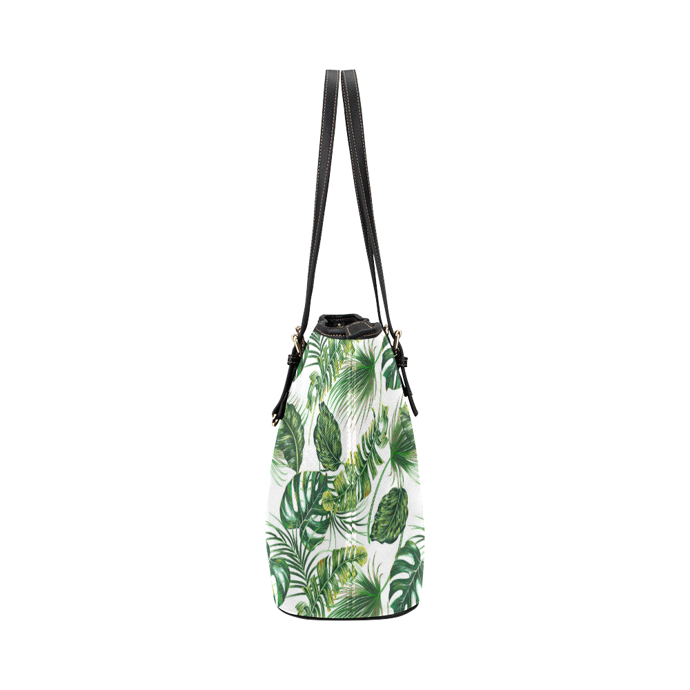 Green Pattern Tropical Palm Leaves Leather Tote Bag